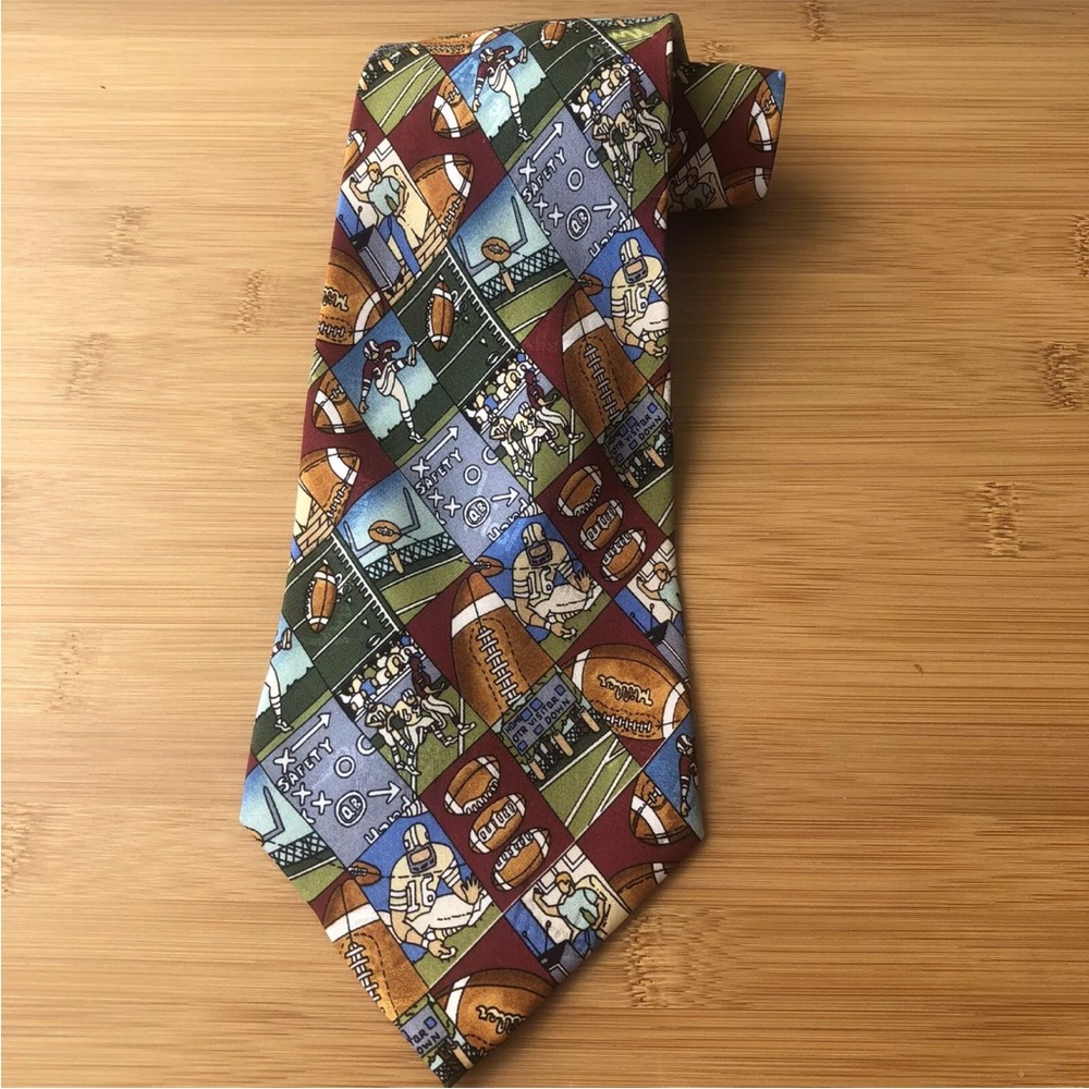 Nicole Miller Football Tie Black Silk Mens Red Blue Brown Necktie Vintage 90s